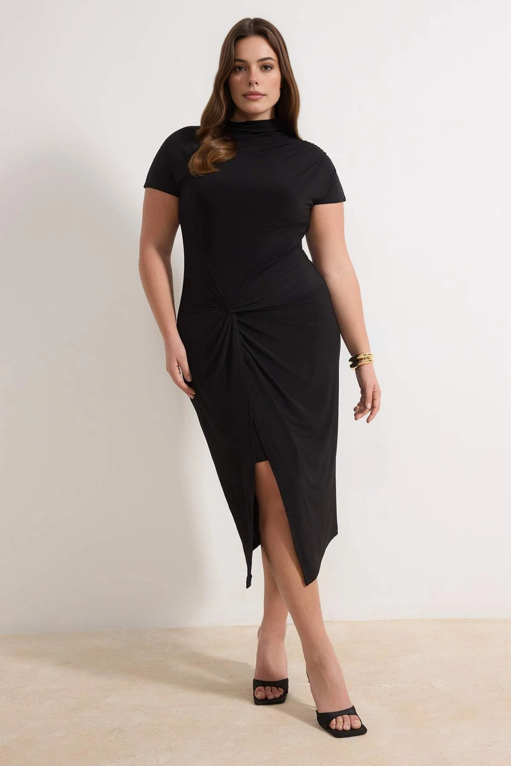 High Neck Knot Detail Midi Knitted Plus Size Dress