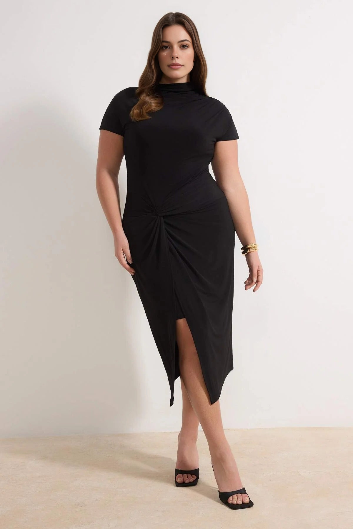 High Neck Knot Detail Midi Knitted Plus Size Dress