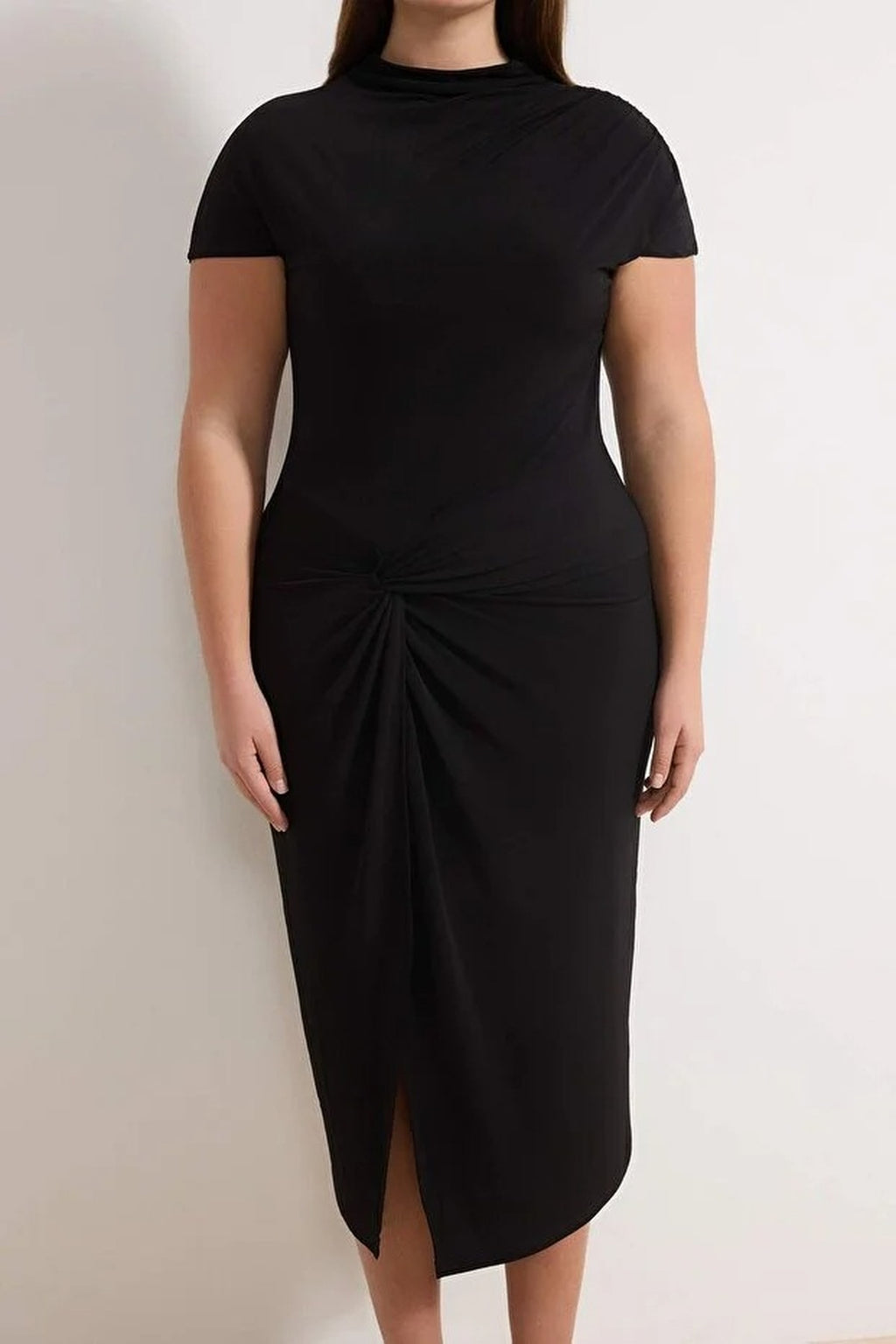 High Neck Knot Detail Midi Knitted Plus Size Dress