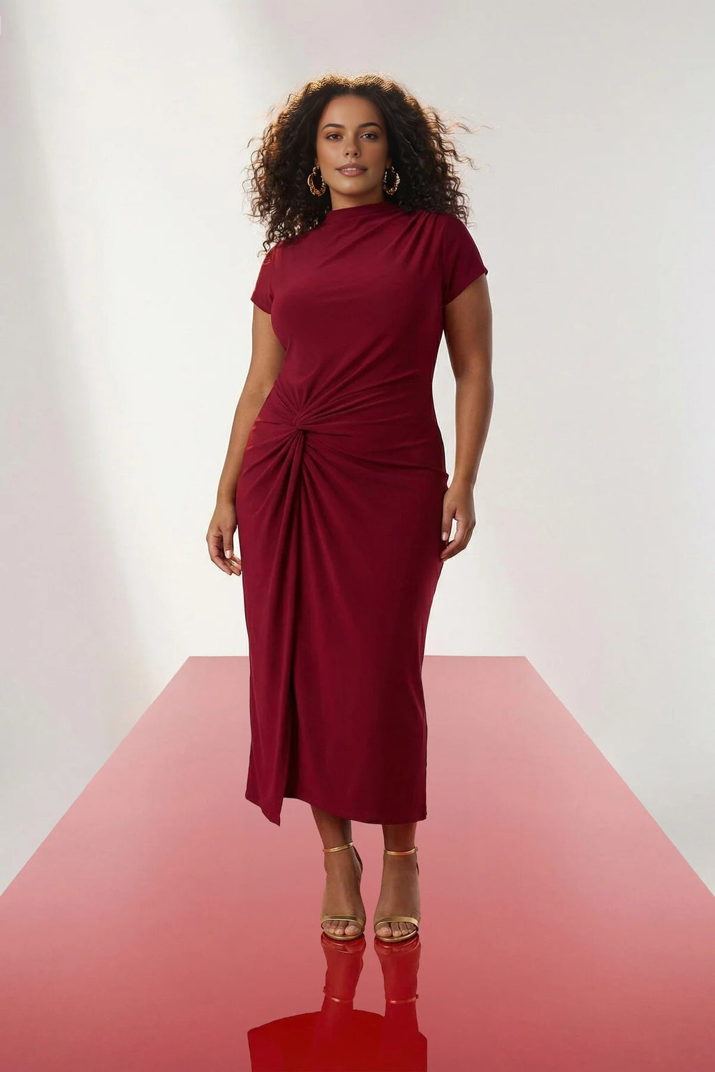 High Neck Knot Detail Midi Knitted Plus Size Dress