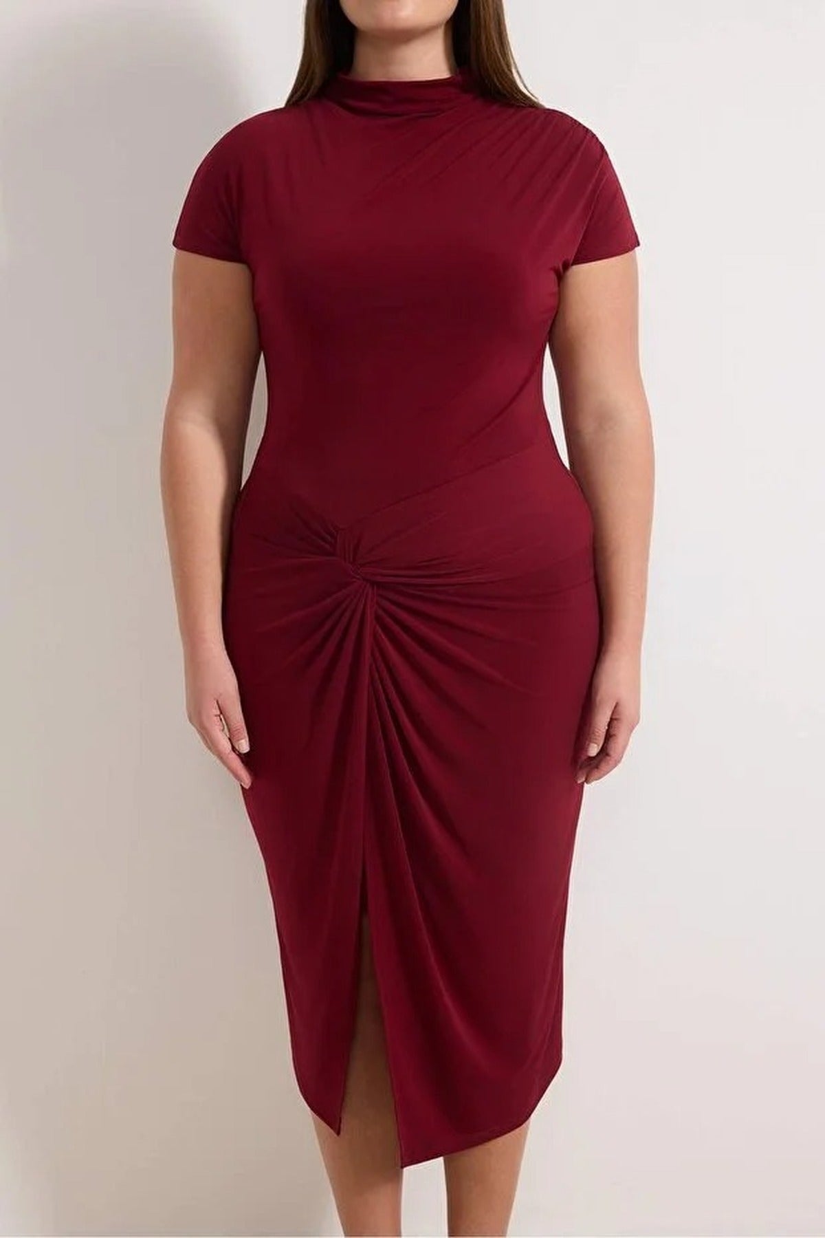 High Neck Knot Detail Midi Knitted Plus Size Dress