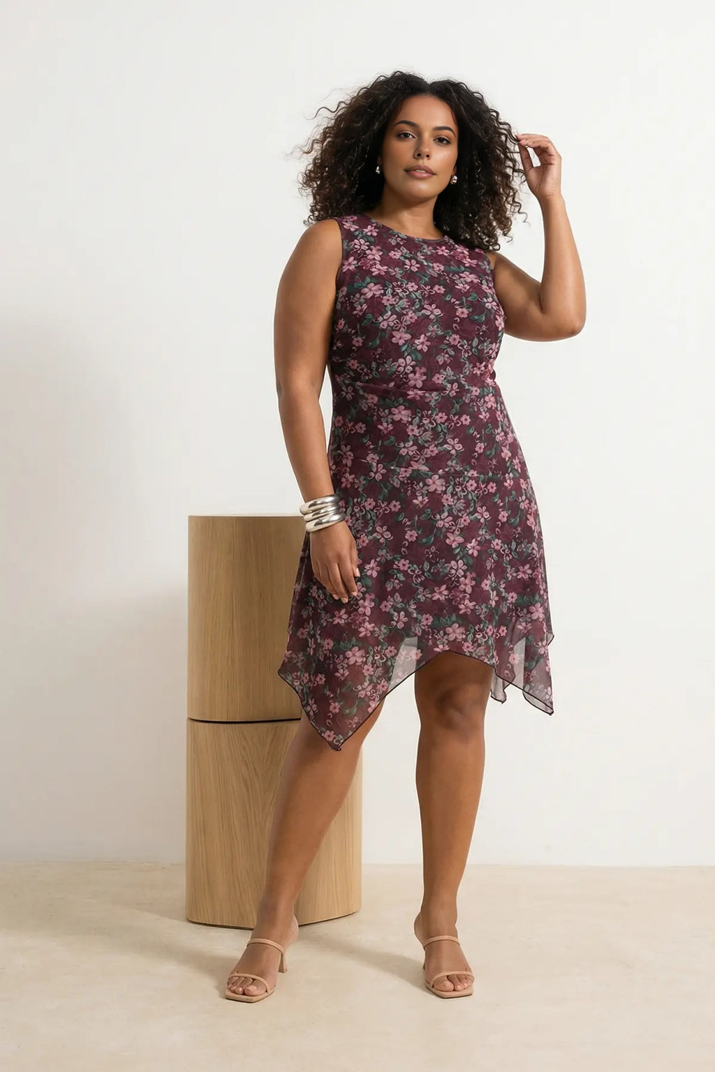 Floral Patterned Tulle Knitted Plus Size Dress