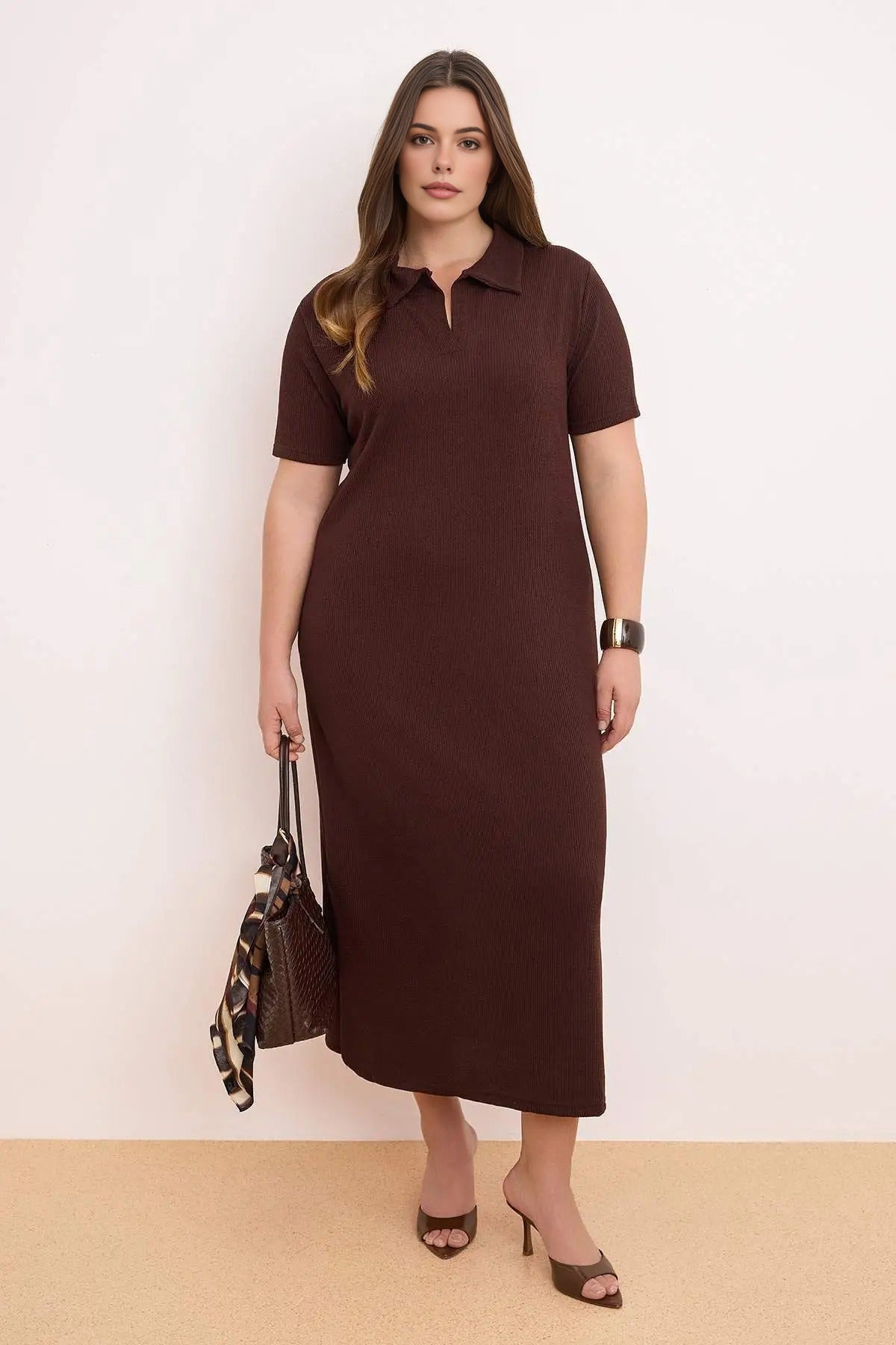 Polo Collar Slit Regular Fit Midi Stretch Knit Plus Size Dress