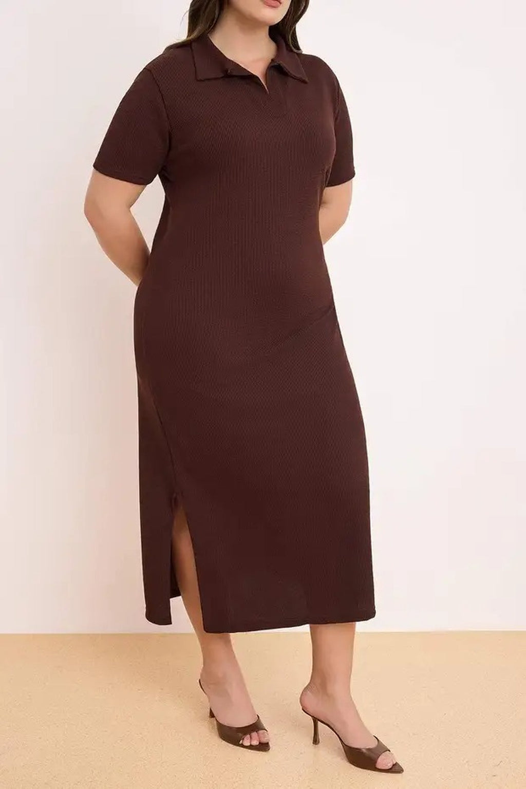 Polo Collar Slit Regular Fit Midi Stretch Knit Plus Size Dress