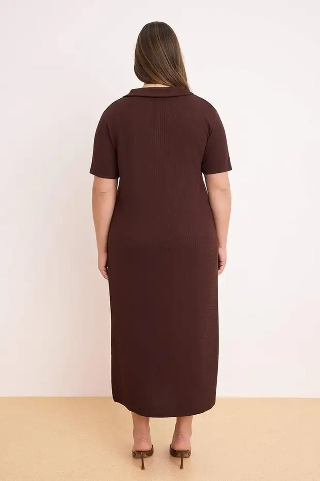Polo Collar Slit Regular Fit Midi Stretch Knit Plus Size Dress