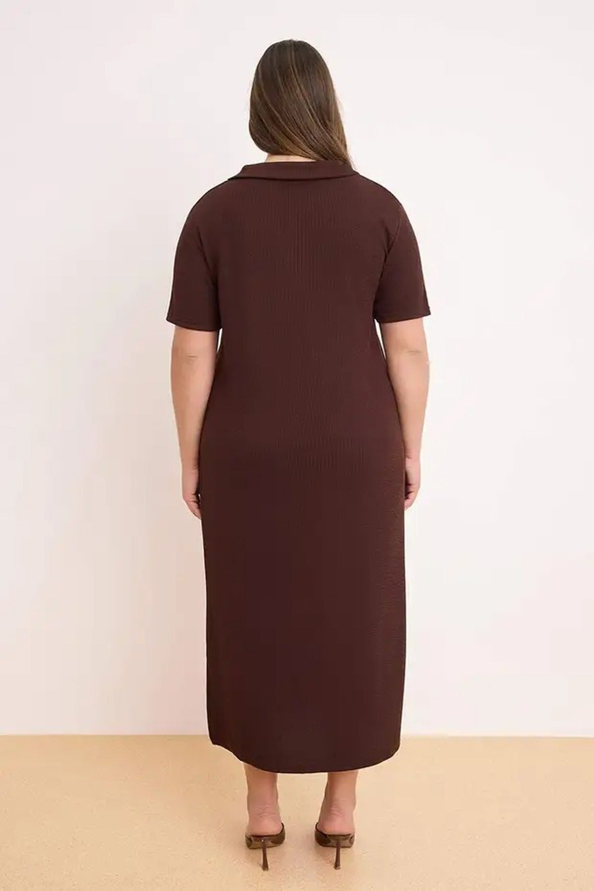 Polo Collar Slit Regular Fit Midi Stretch Knit Plus Size Dress