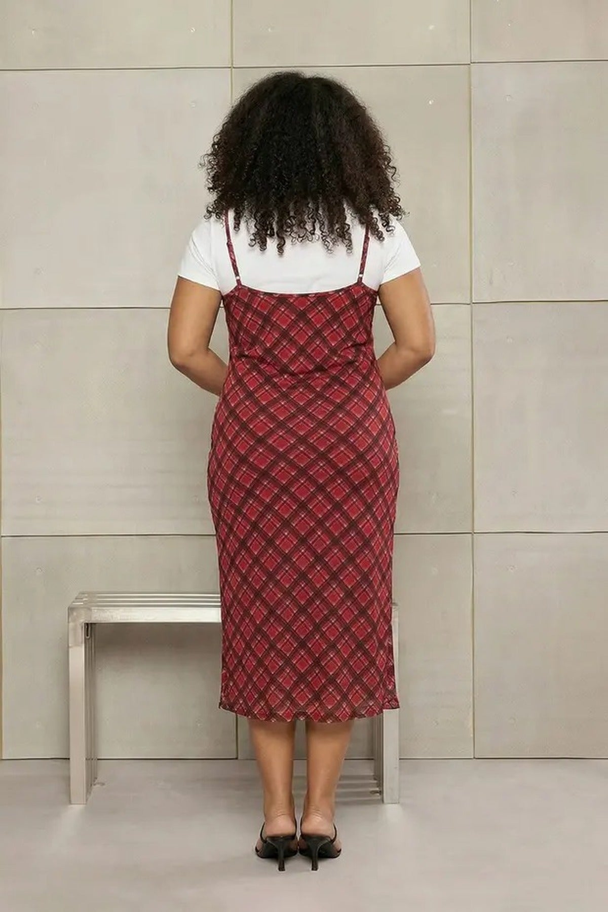 Tie Detail Plaid Tulle Maxi Stretch Knit Plus Size Dress