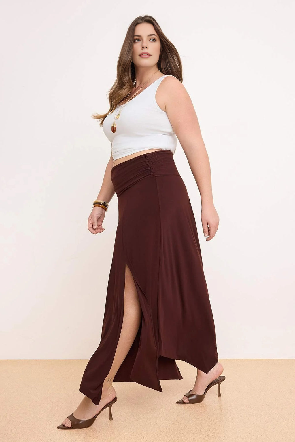 Waist Detail Slit Stretch Knit Maxi Plus Size Skirt