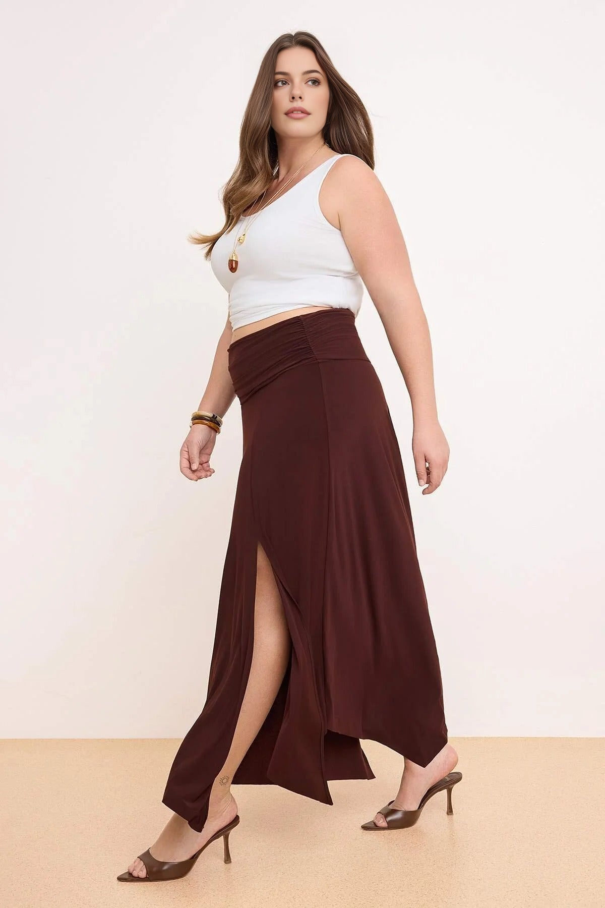 Waist Detail Slit Stretch Knit Maxi Plus Size Skirt