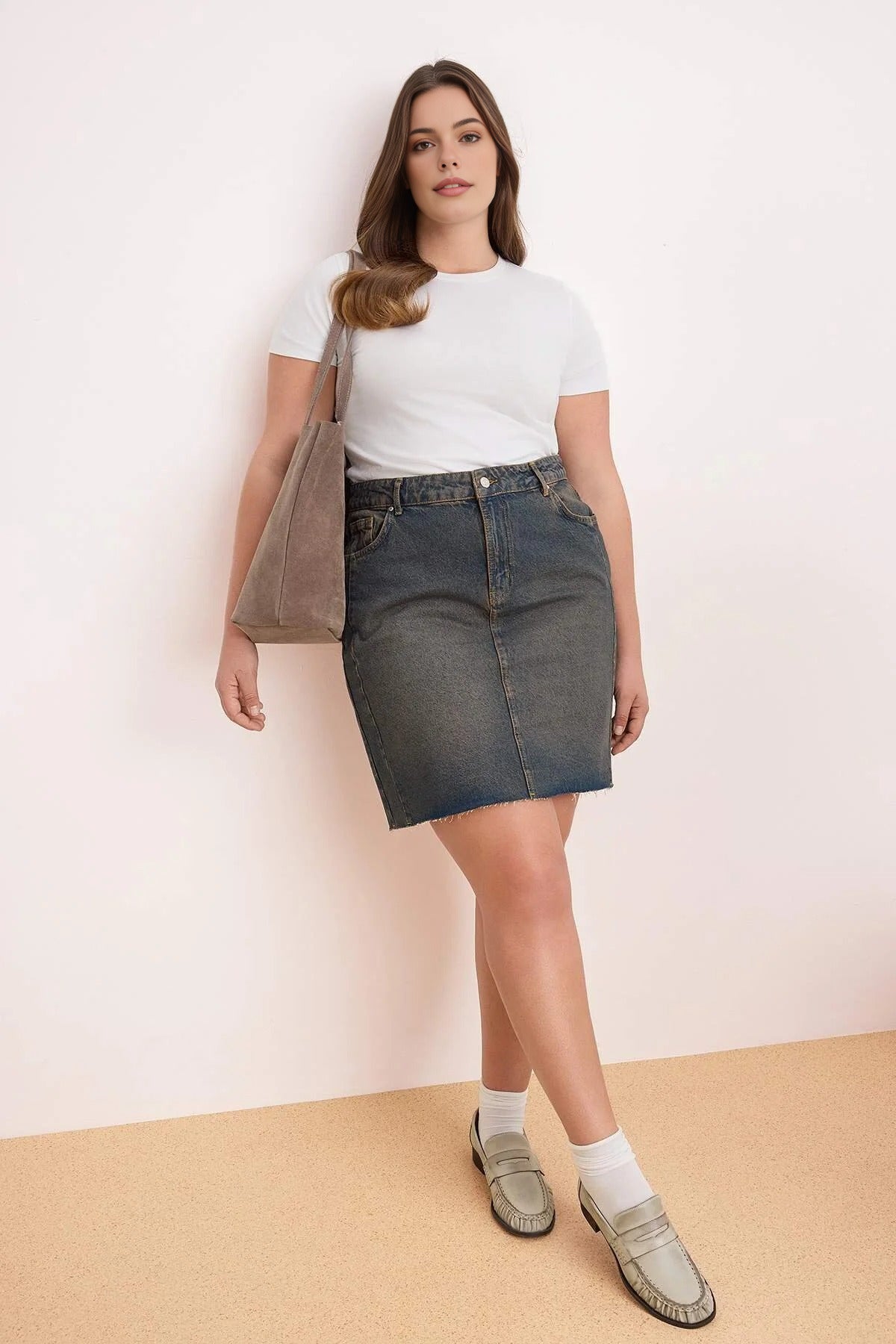 Faded Effect Vintage High Waist Mini 100% Cotton Non-Stretch Denim Skirt