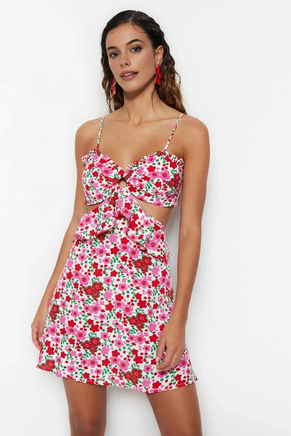 Floral Pattern Woven Cut-out Mini Beach Dress