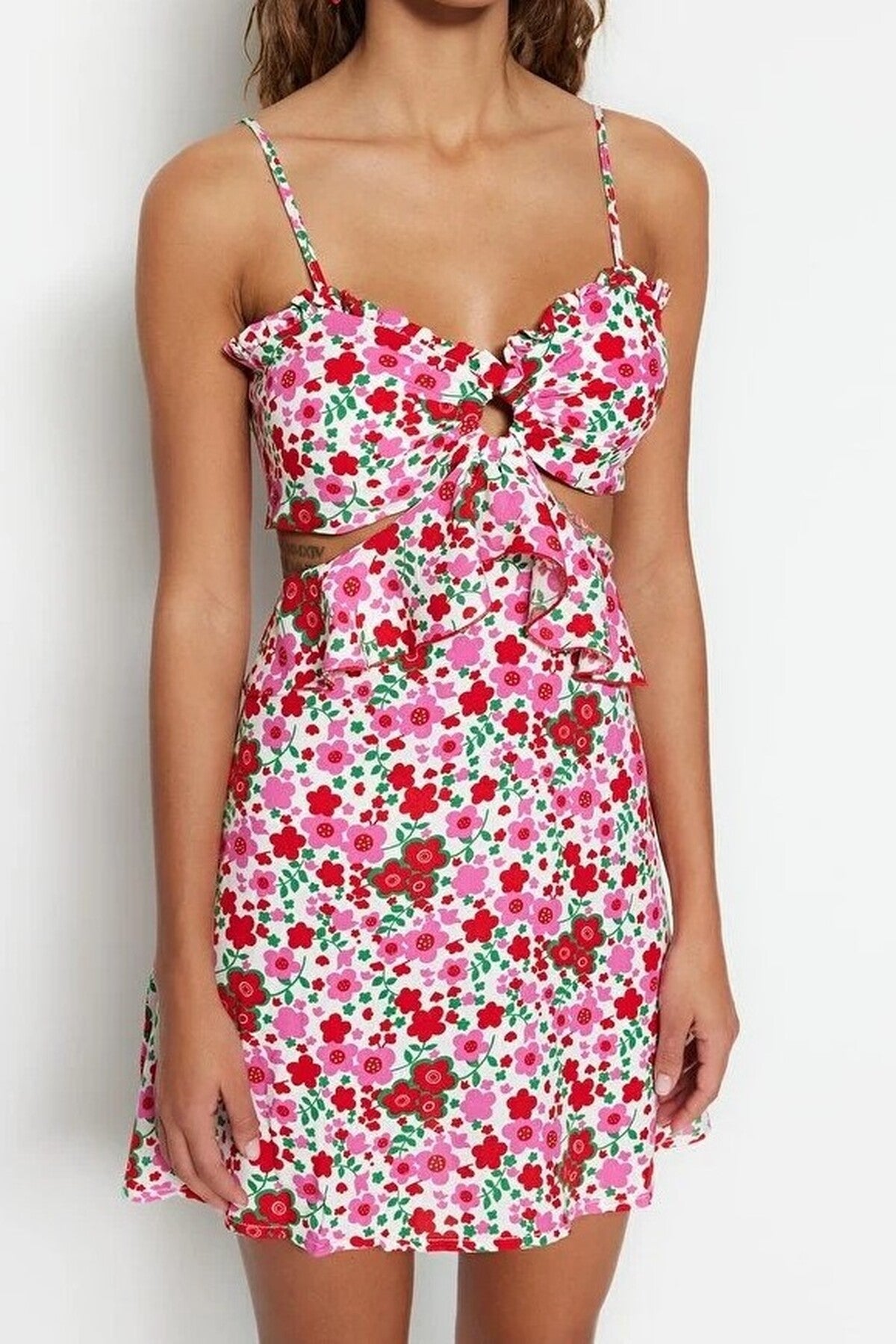 Floral Pattern Woven Cut-out Mini Beach Dress