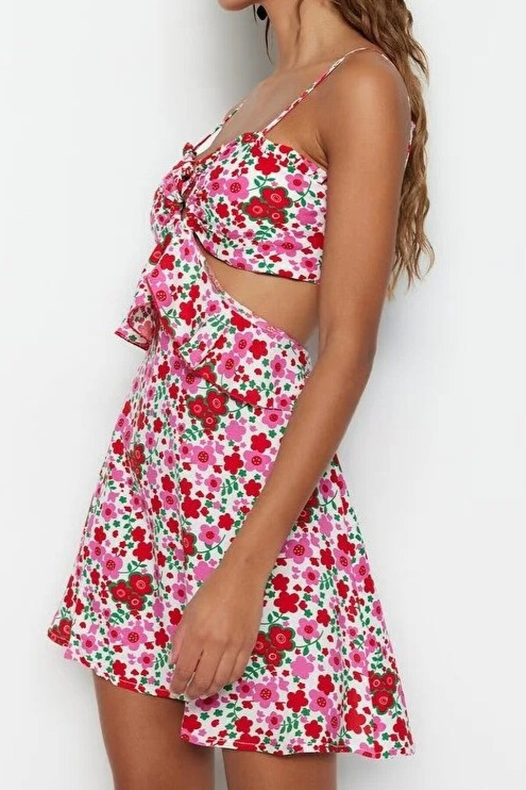 Floral Pattern Woven Cut-out Mini Beach Dress