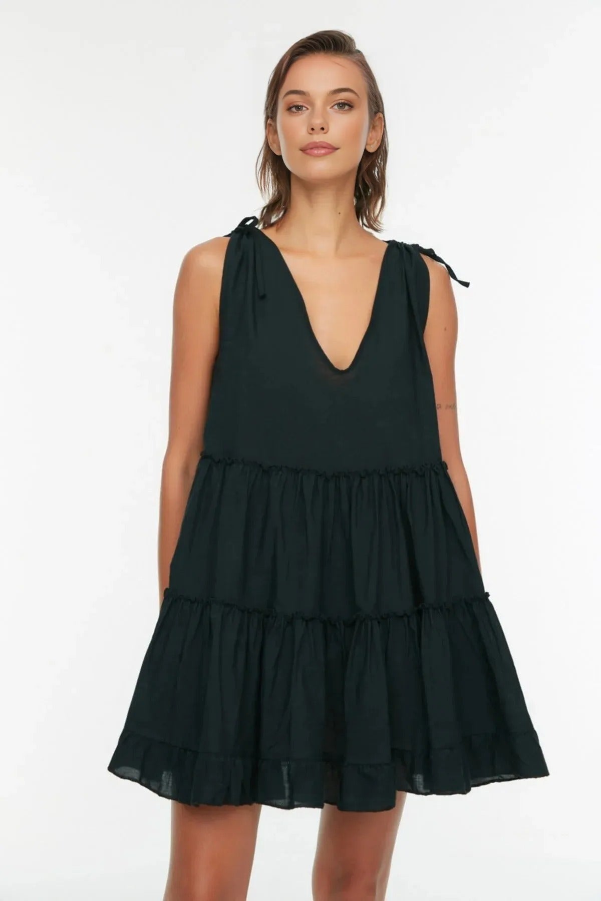 100% Cotton Woven Ruffled Mini Beach Dress