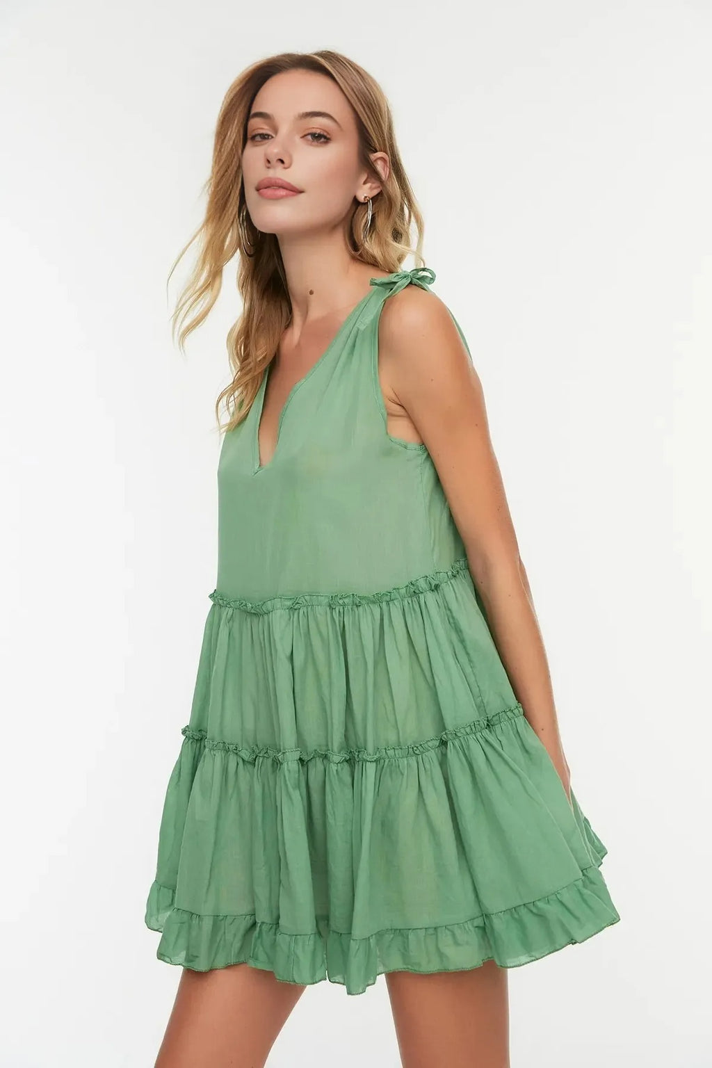 100% Cotton Woven Ruffled Mini Beach Dress