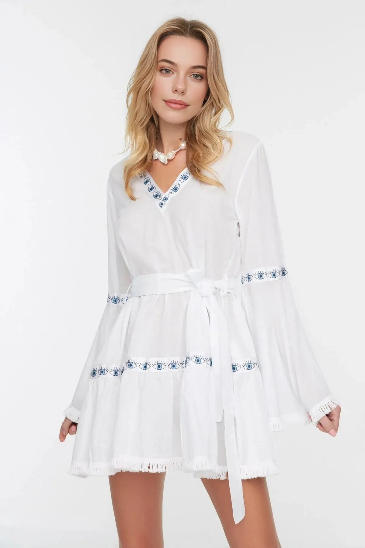 100% Cotton White Woven Striped Mini Beach Dress