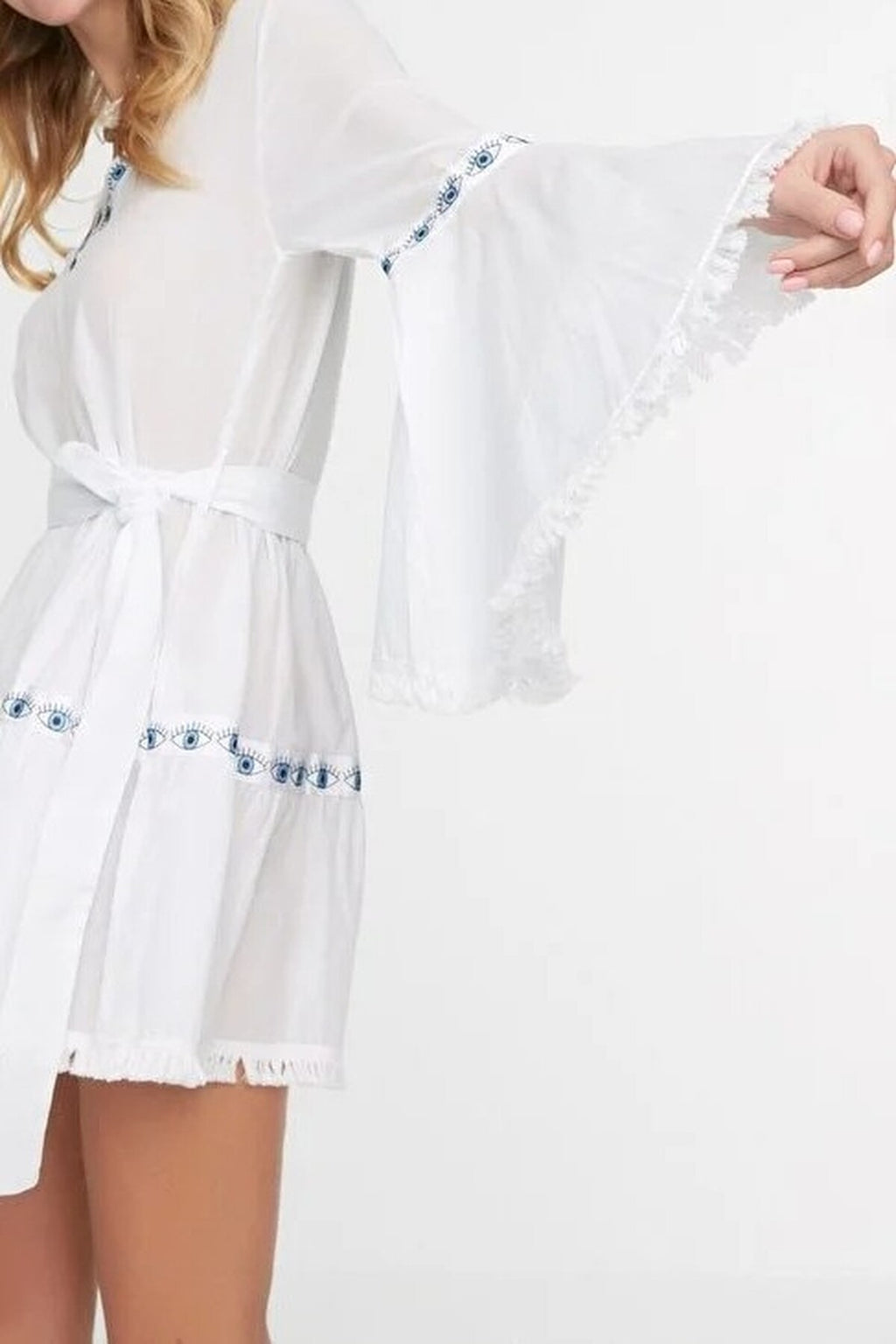 100% Cotton White Woven Striped Mini Beach Dress