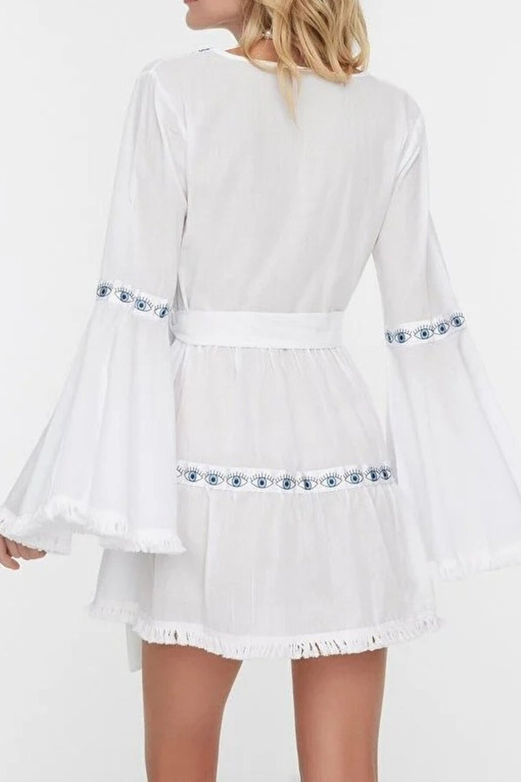 100% Cotton White Woven Striped Mini Beach Dress