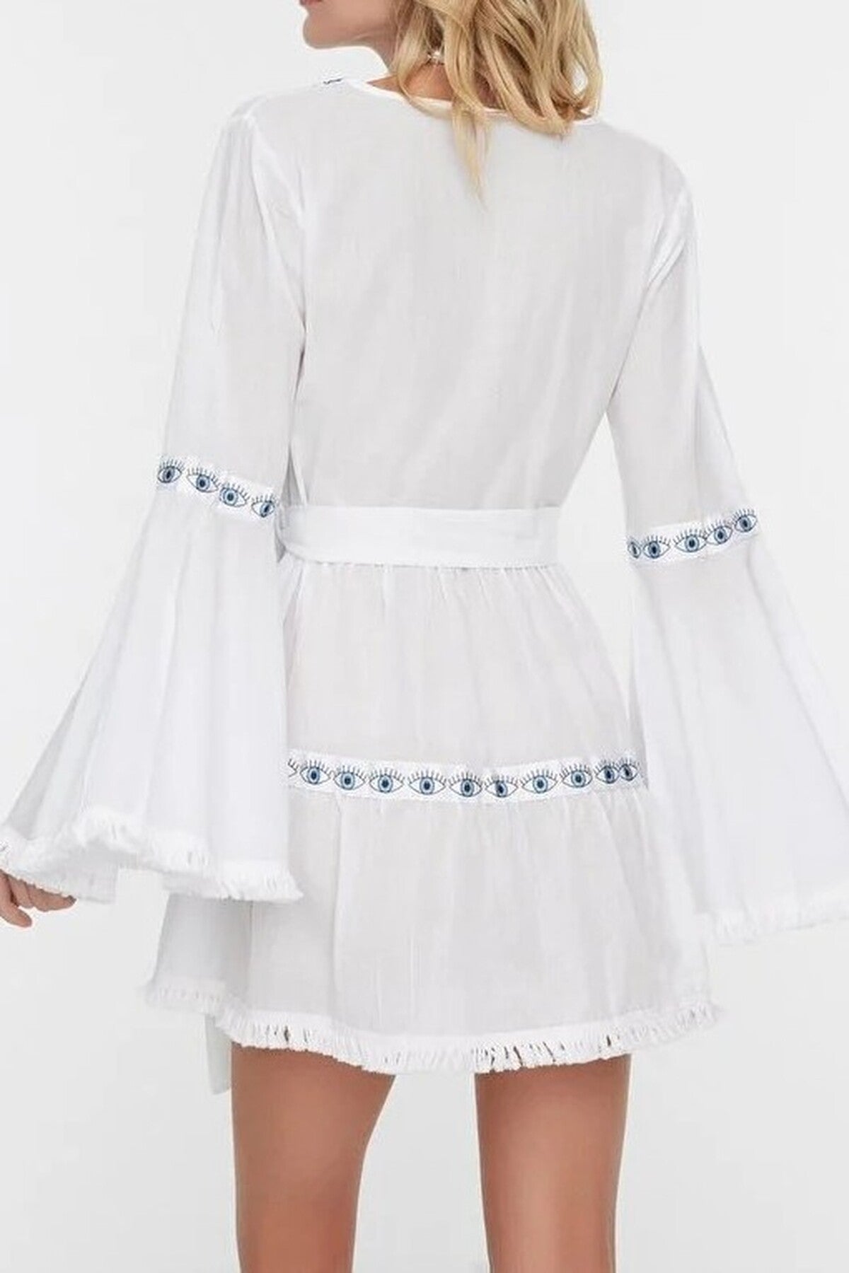 100% Cotton White Woven Striped Mini Beach Dress