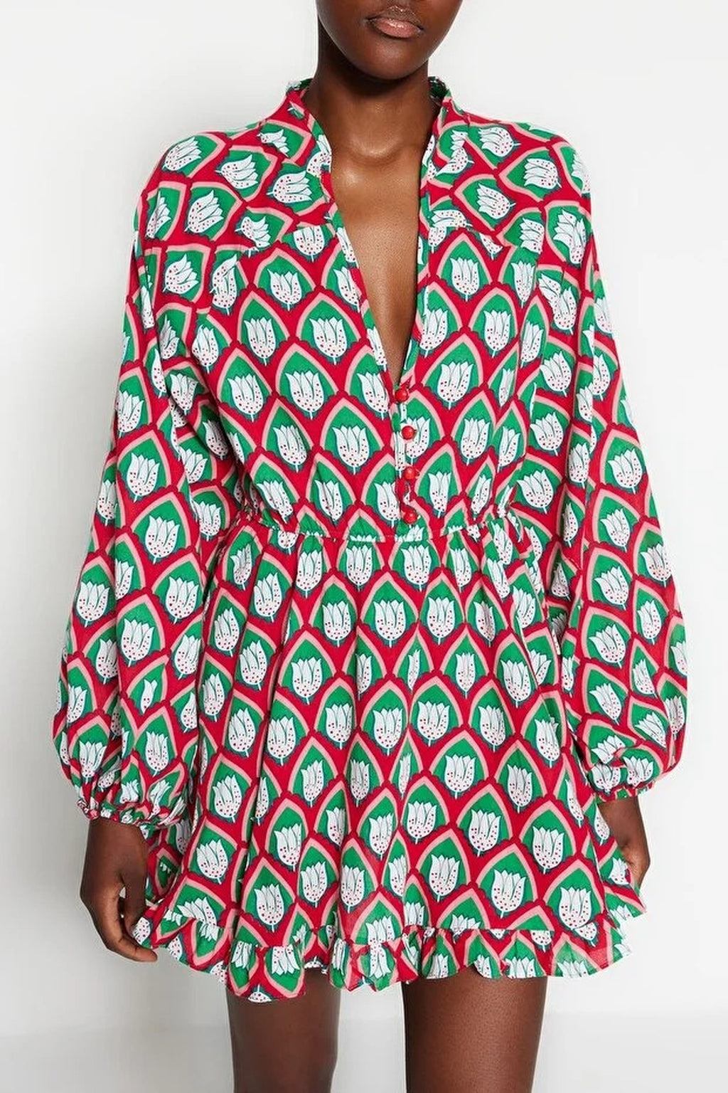 Geometric Print Long Balloon Sleeve V-Neck Mini Dress