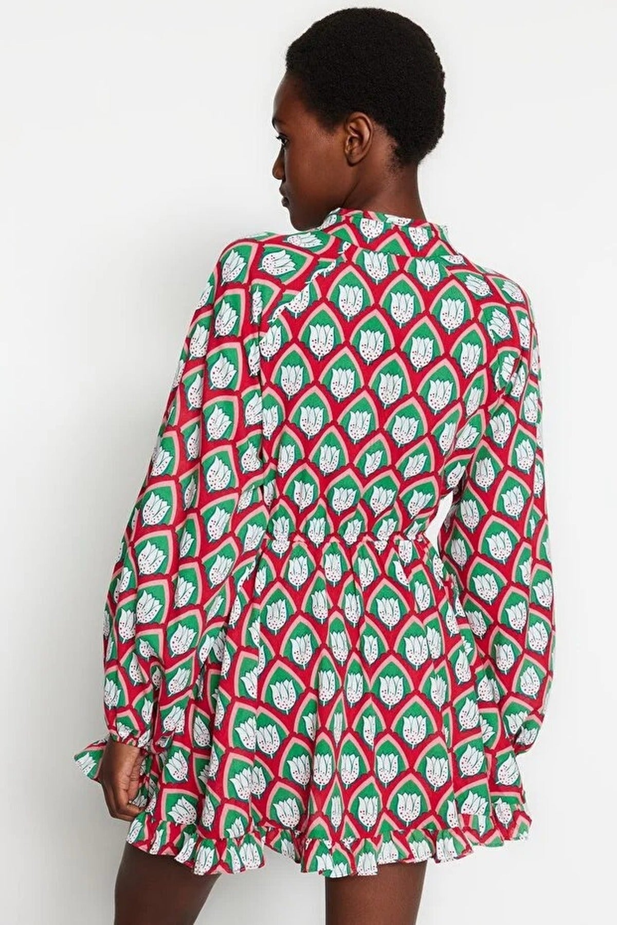 Geometric Print Long Balloon Sleeve V-Neck Mini Dress