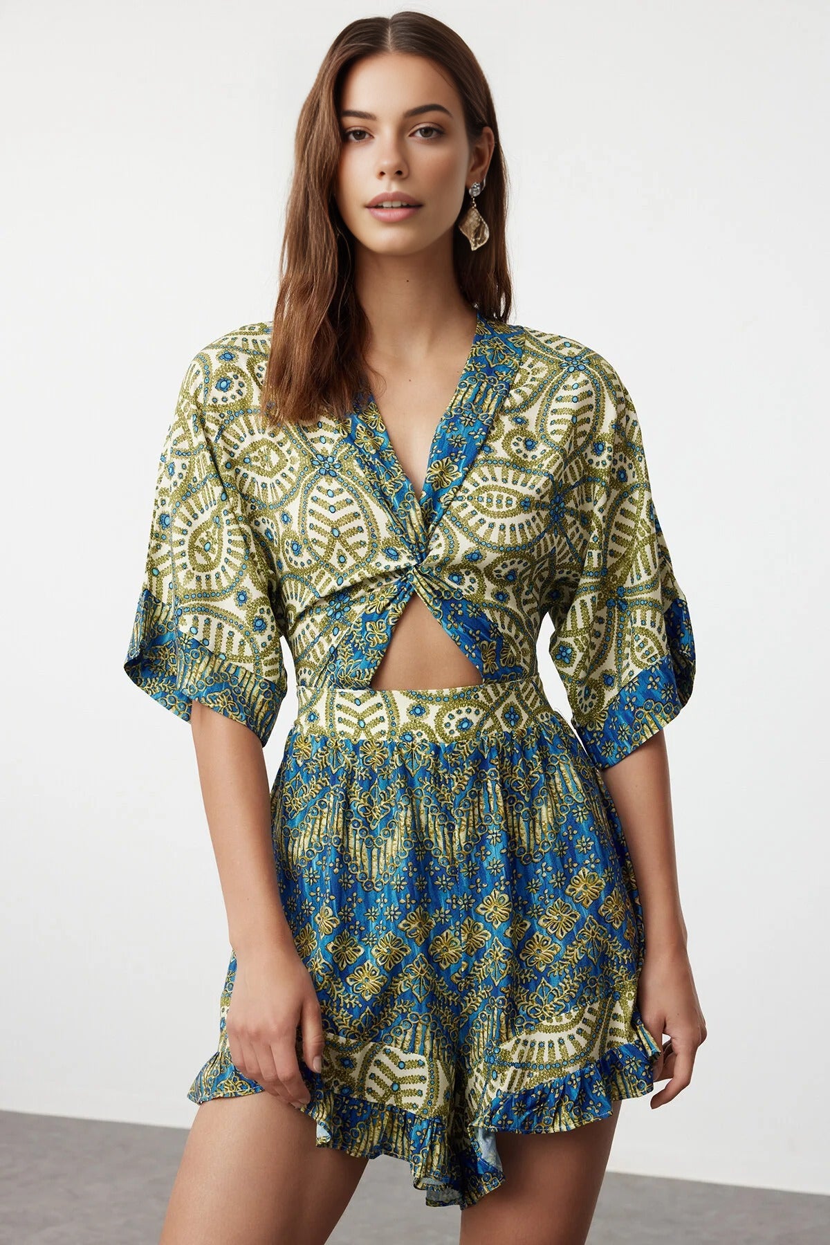 Ethnic Patterned Woven Cut Out Detail Beach Mini Playsuit