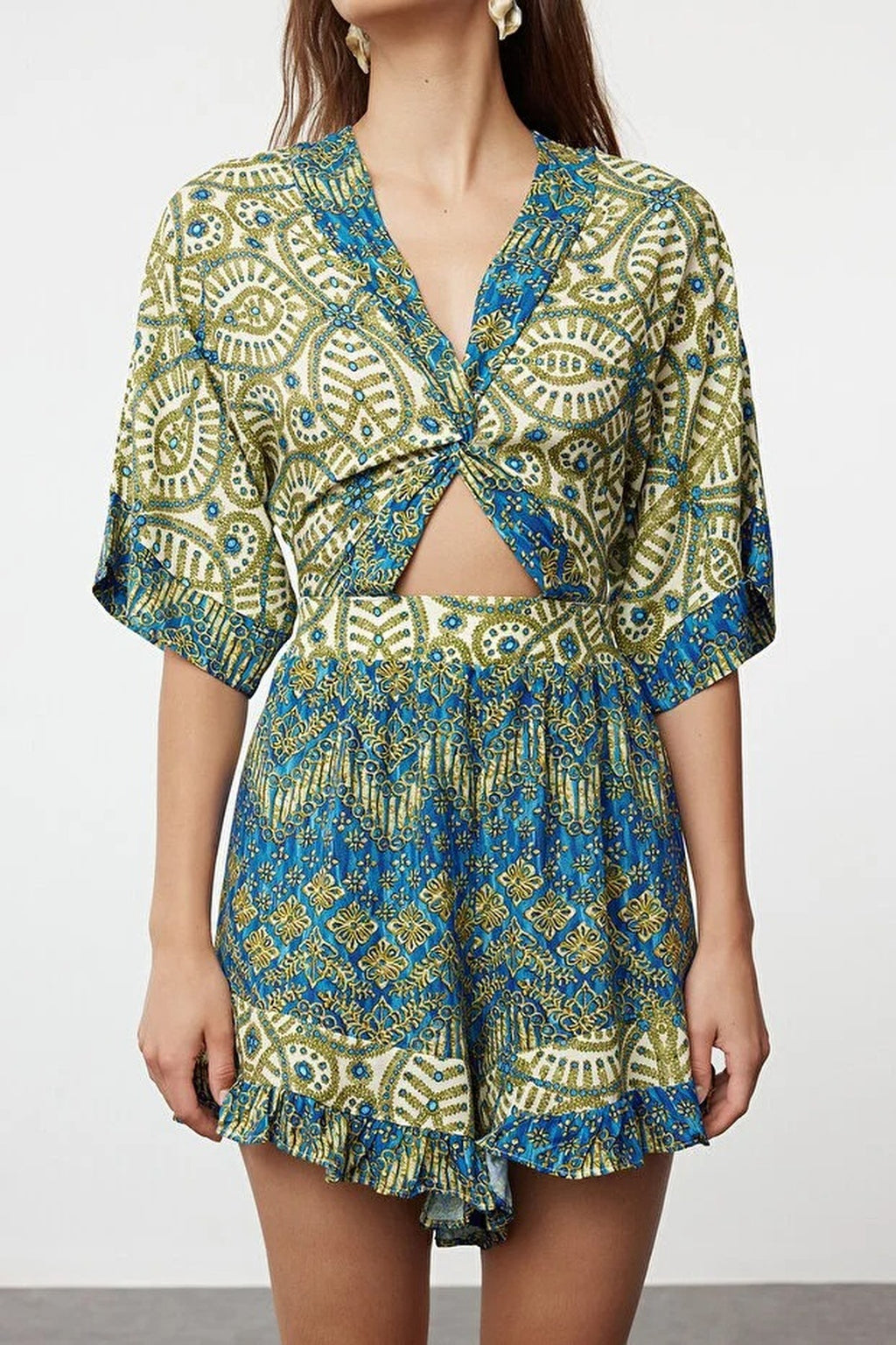 Ethnic Patterned Woven Cut Out Detail Beach Mini Playsuit