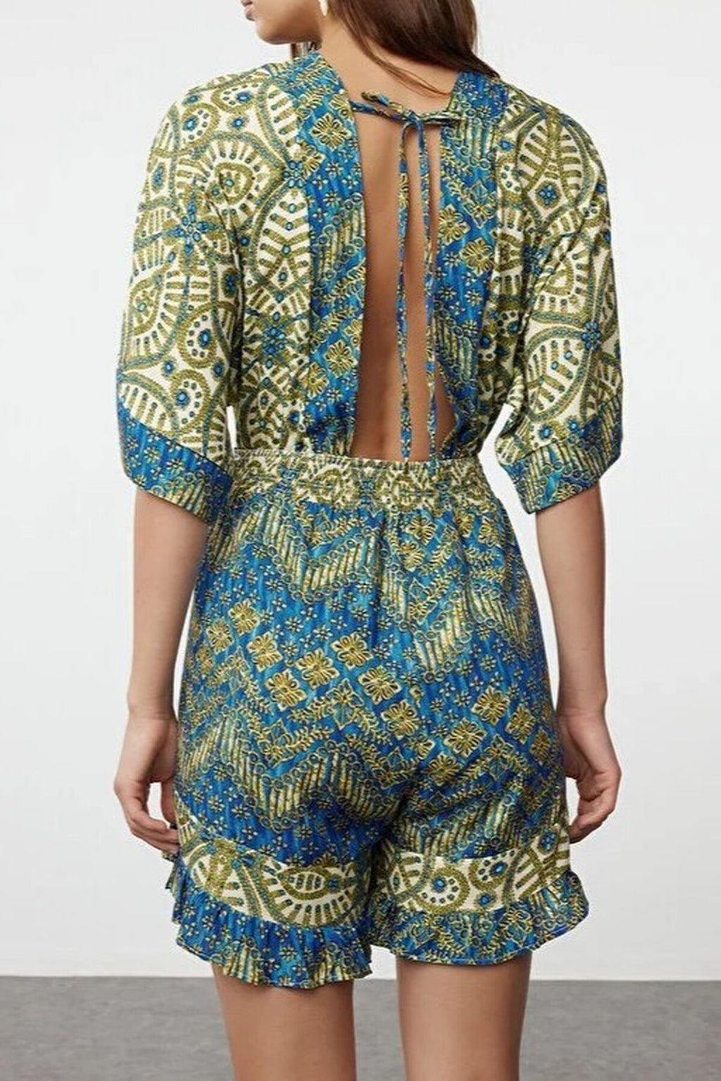 Ethnic Patterned Woven Cut Out Detail Beach Mini Playsuit