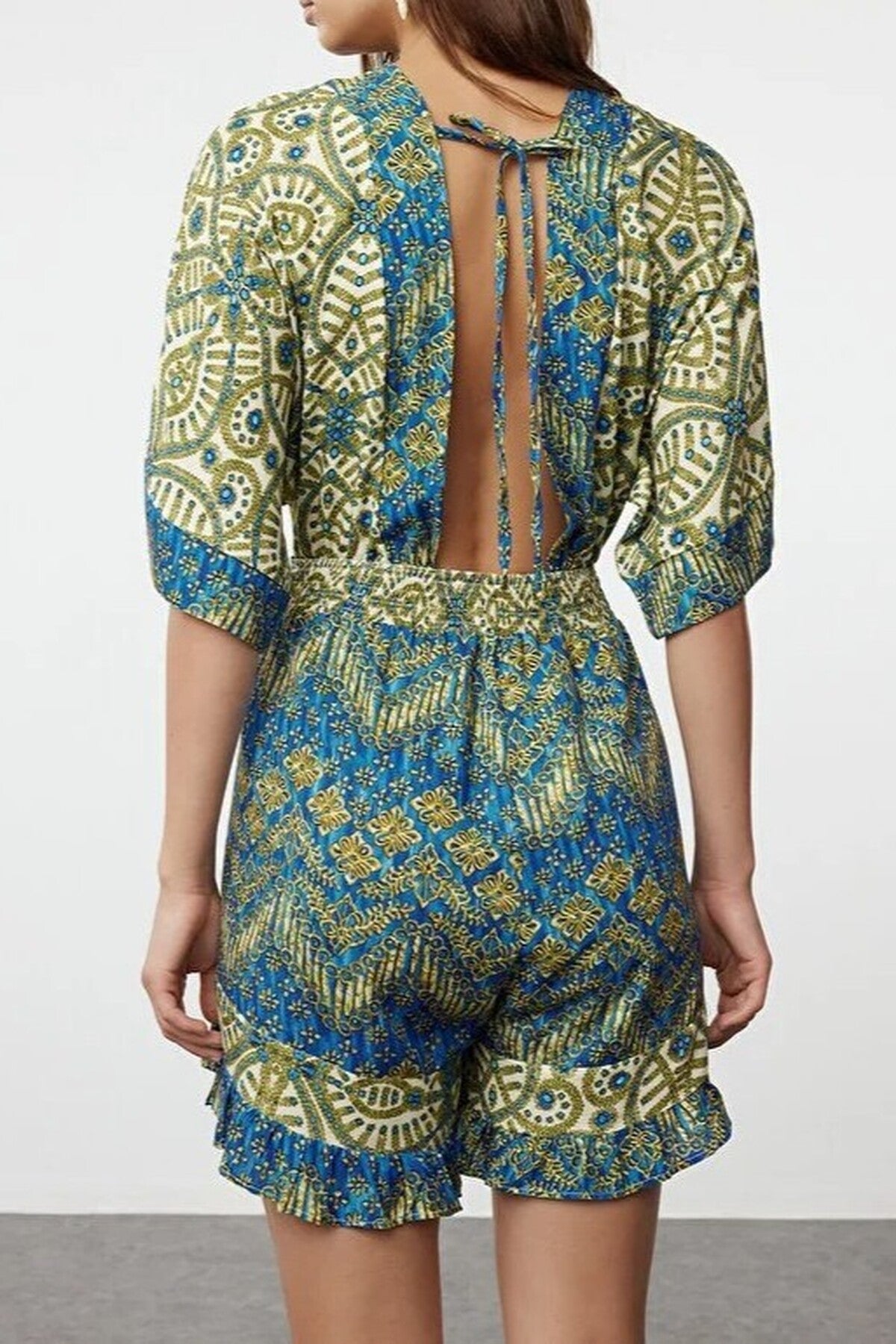 Ethnic Patterned Woven Cut Out Detail Beach Mini Playsuit