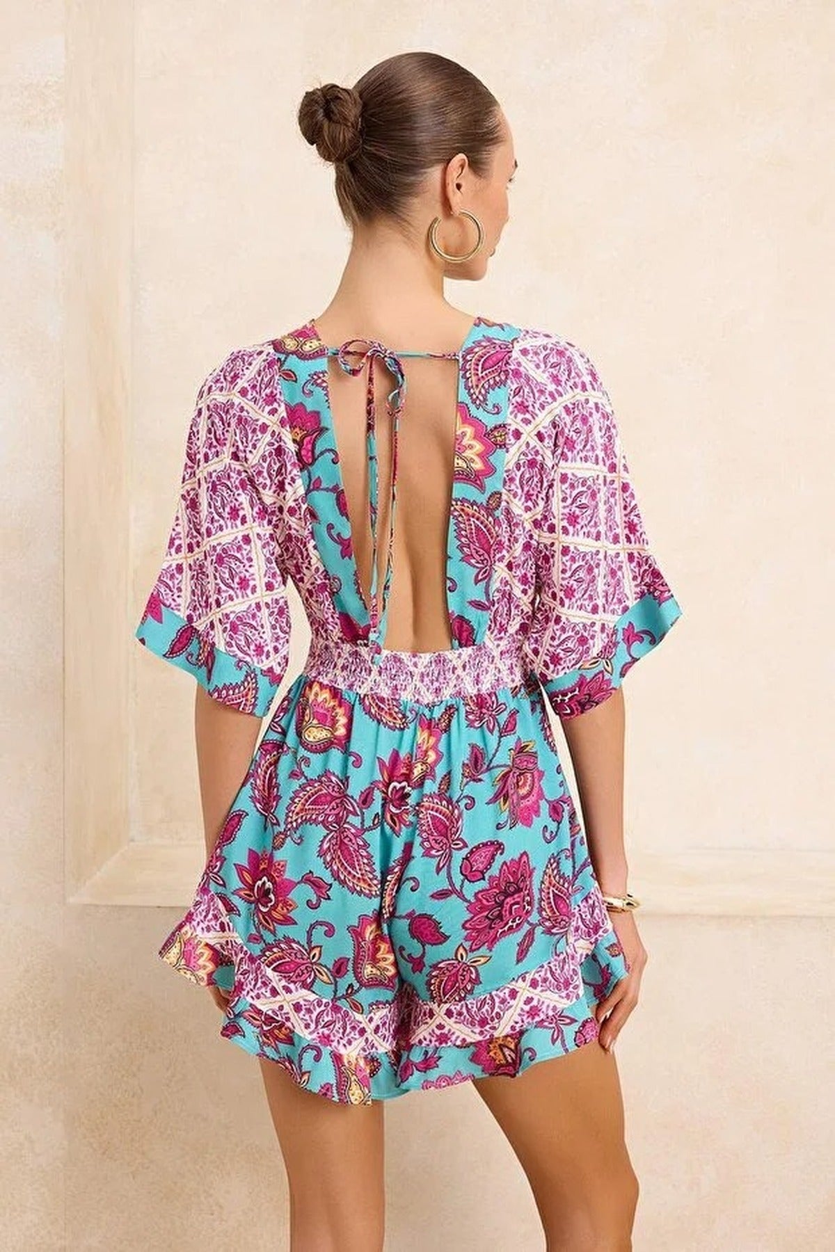 Ethnic Patterned Woven Cut Out Detail Beach Mini Playsuit
