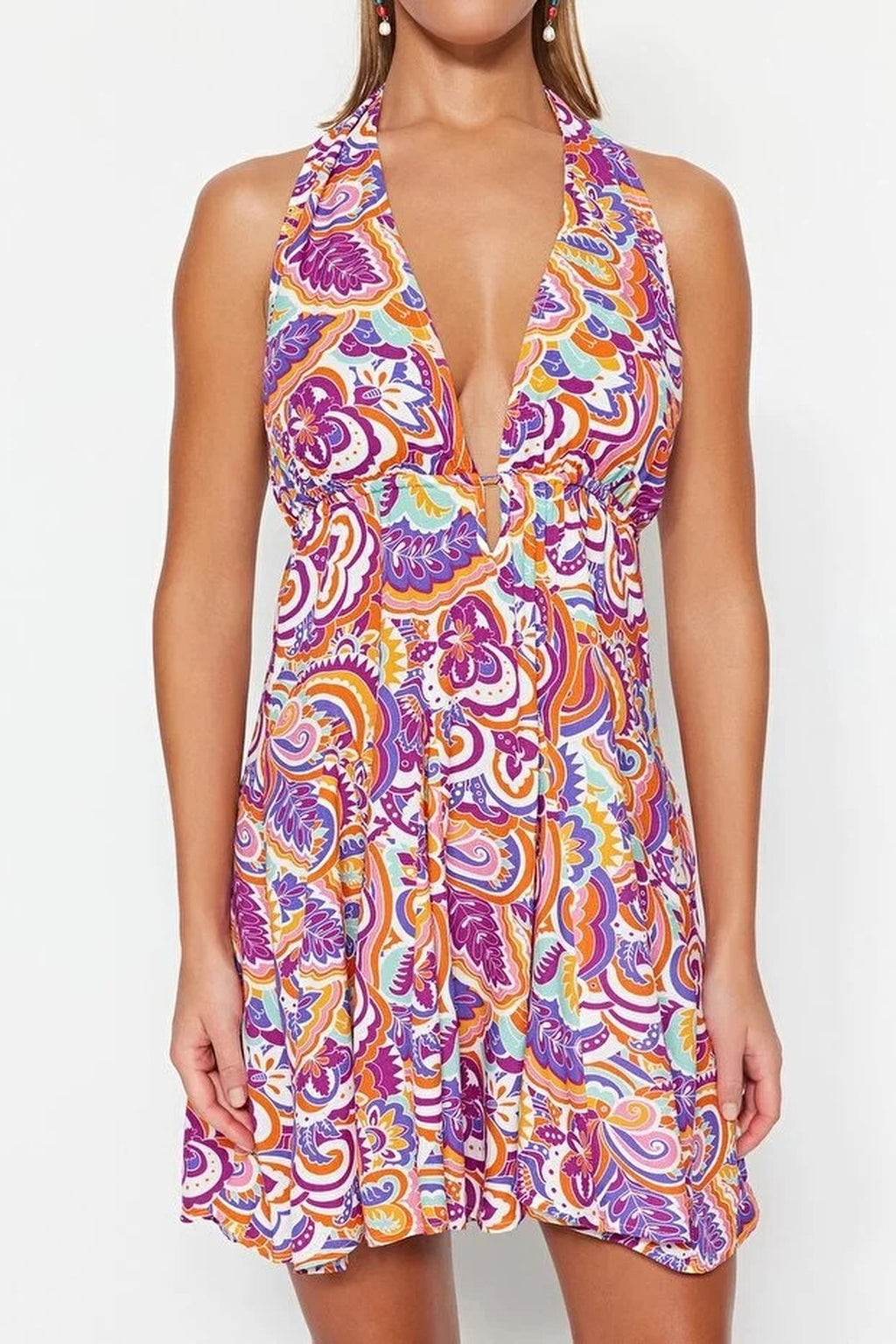 Abstract Print Woven Backless Beach Mini Dress