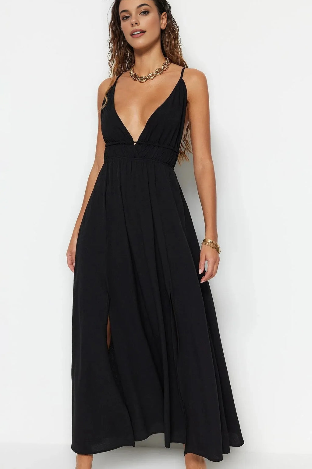 Woven Ruched Maxi Beach Dress