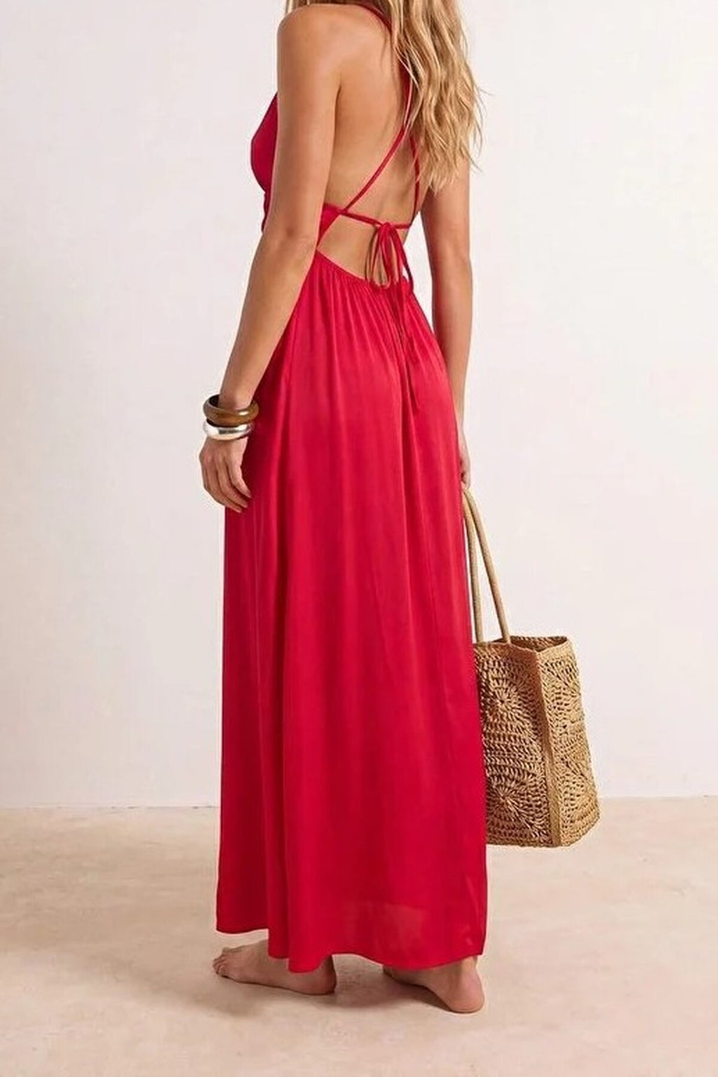 Woven Ruched Maxi Beach Dress