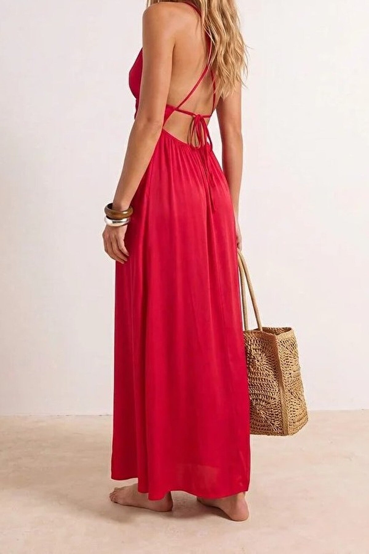 Woven Ruched Maxi Beach Dress