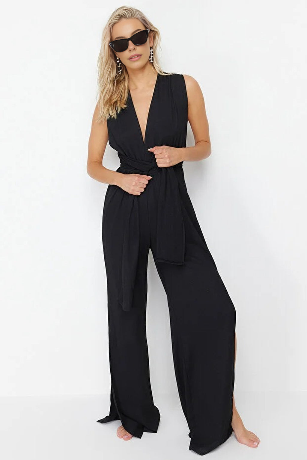 Woven Slit Maxi Beach Jumpsuit