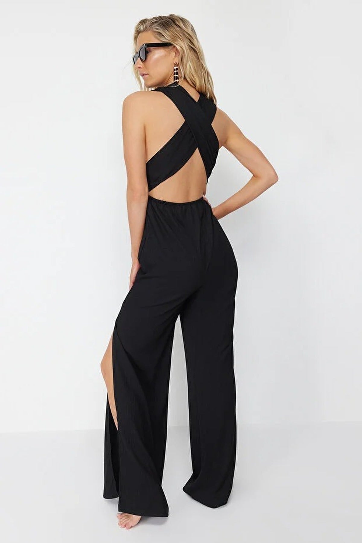 Woven Slit Maxi Beach Jumpsuit