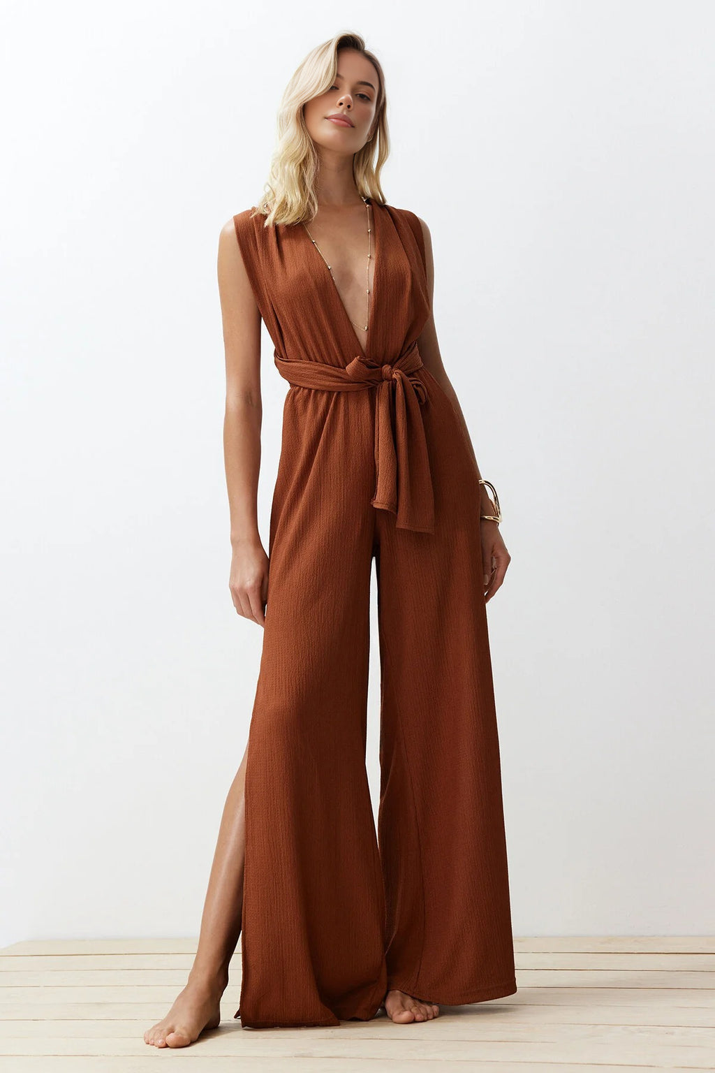 Woven Slit Maxi Beach Jumpsuit
