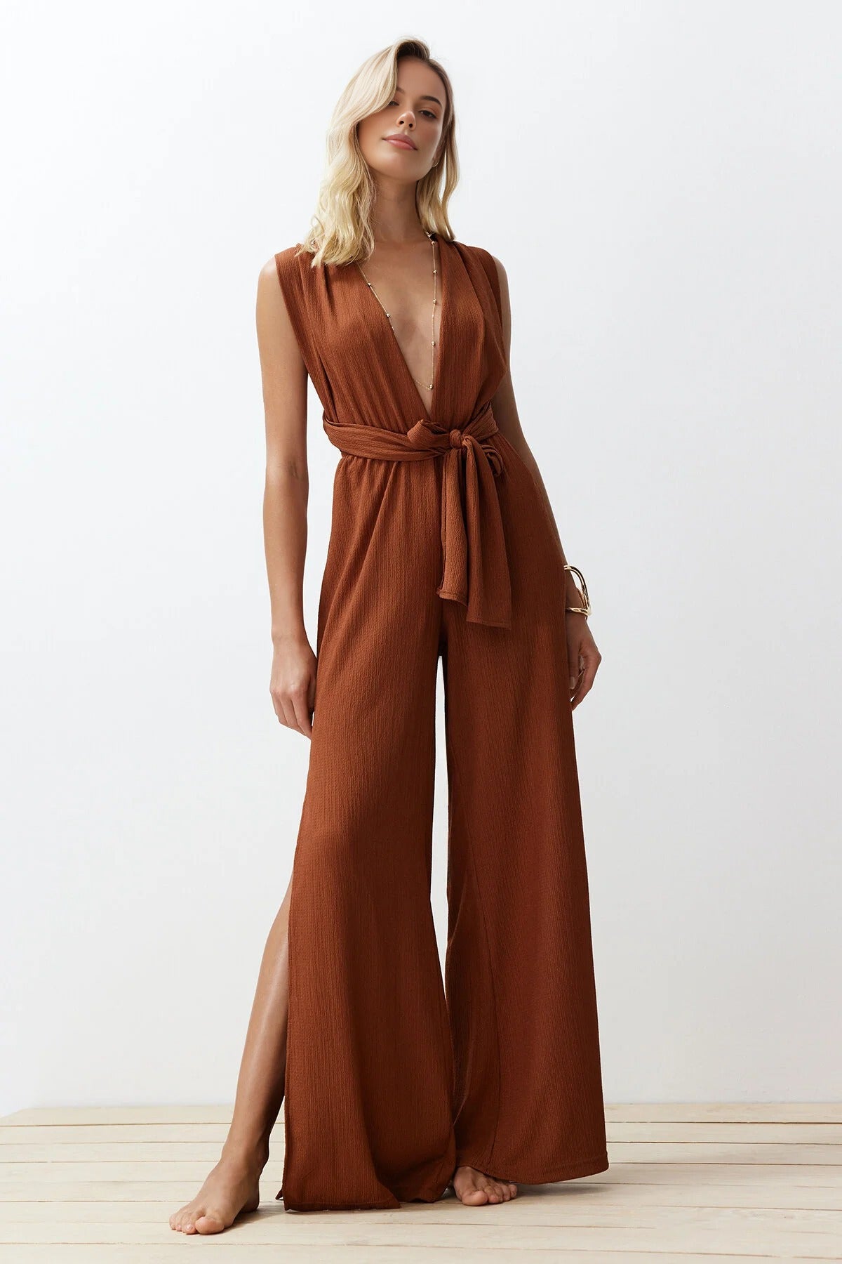 Woven Slit Maxi Beach Jumpsuit