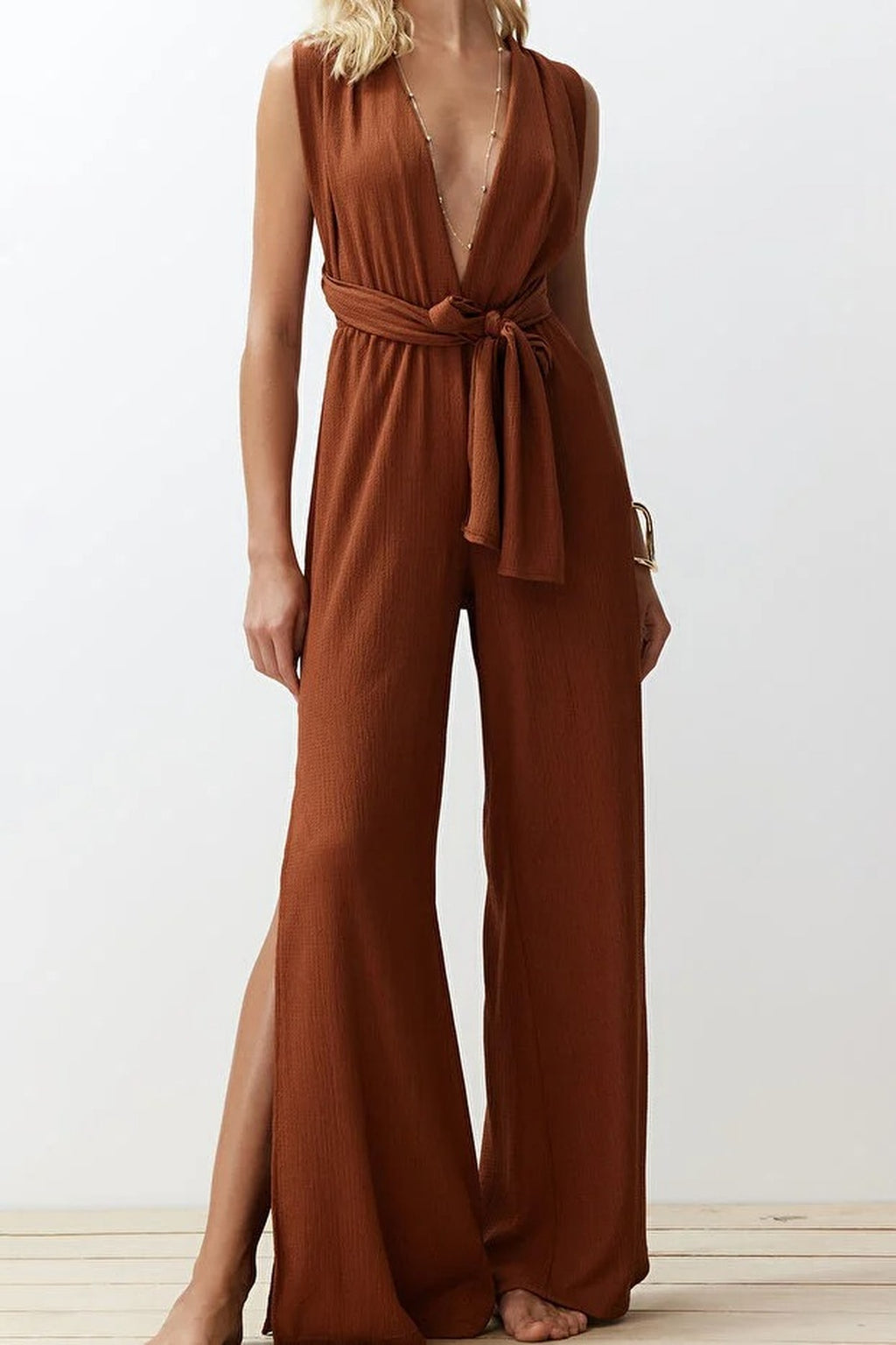 Woven Slit Maxi Beach Jumpsuit