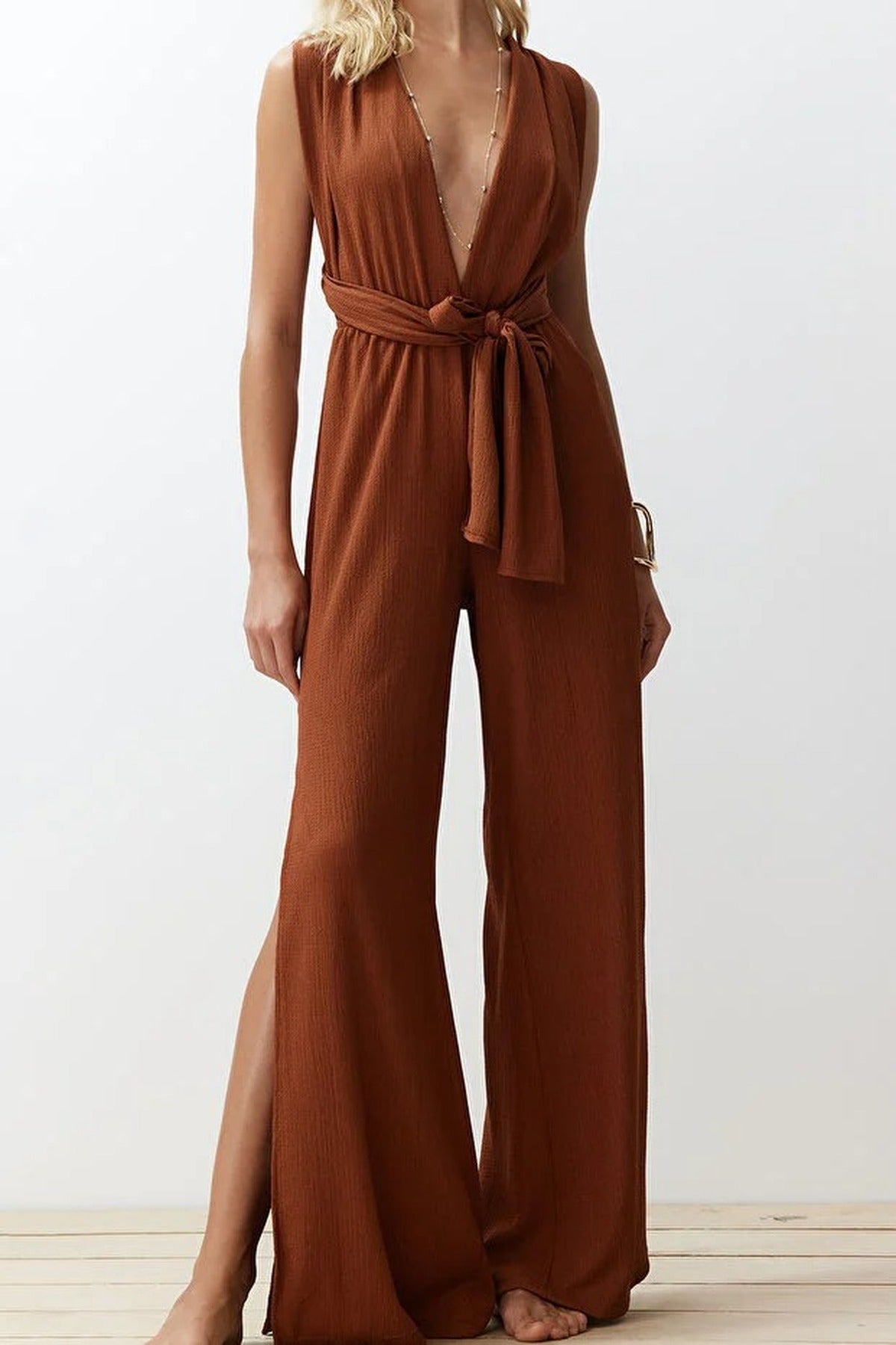 Woven Slit Maxi Beach Jumpsuit