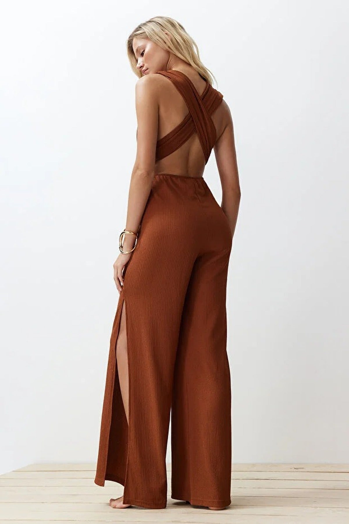 Woven Slit Maxi Beach Jumpsuit