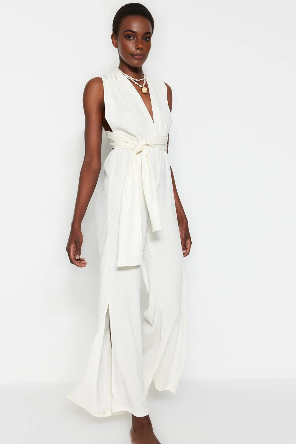 Woven Slit Maxi Beach Jumpsuit