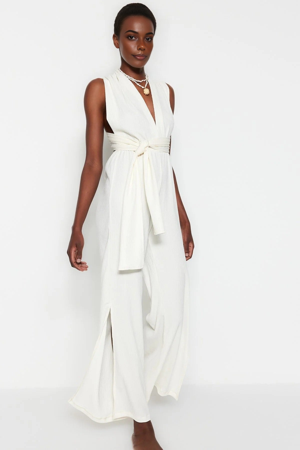 Woven Slit Maxi Beach Jumpsuit