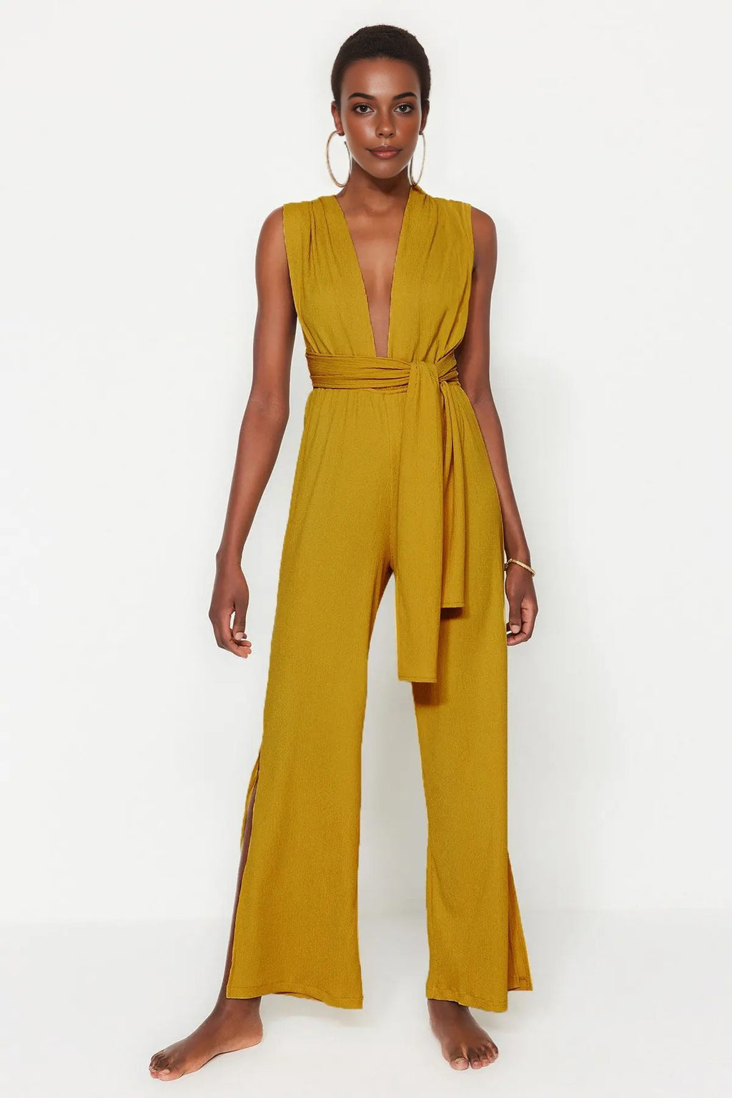 Woven Slit Maxi Beach Jumpsuit