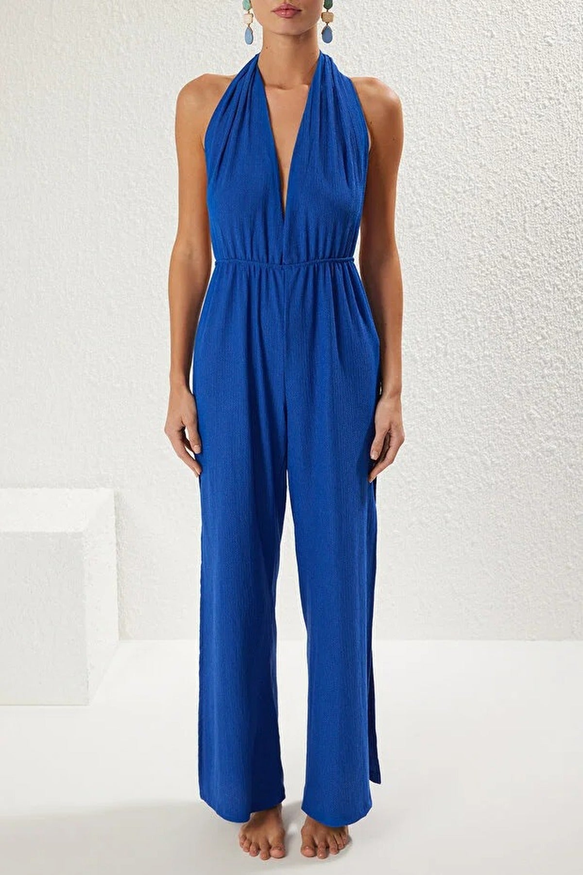 Woven Slit Maxi Beach Jumpsuit