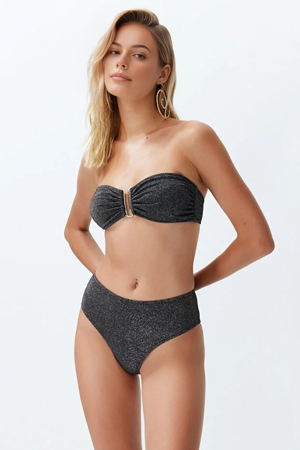 Strapless Padded Regular High-Waisted Bikini Set with Glitter Accessories