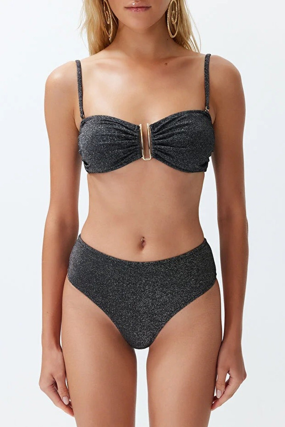 Strapless Padded Regular High-Waisted Bikini Set with Glitter Accessories