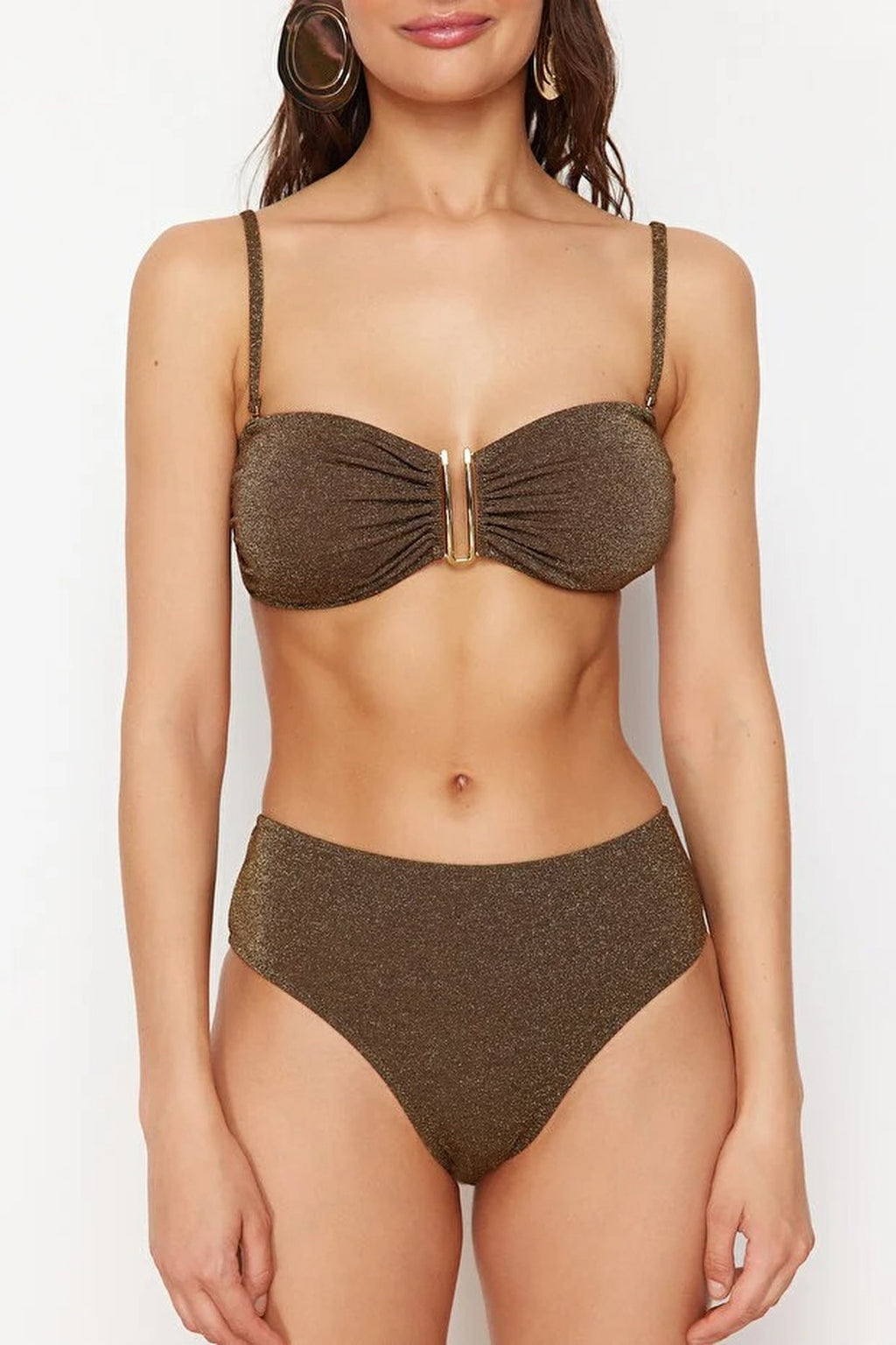 Strapless Padded Regular High-Waisted Bikini Set with Glitter Accessories
