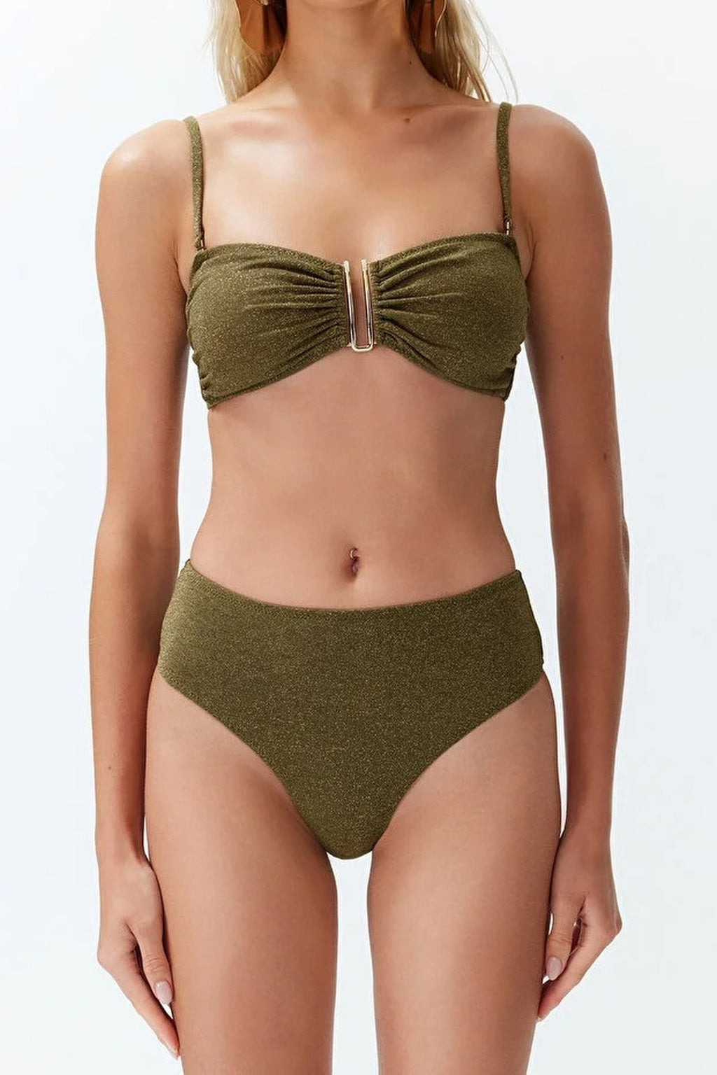 Strapless Padded Regular High-Waisted Bikini Set with Glitter Accessories