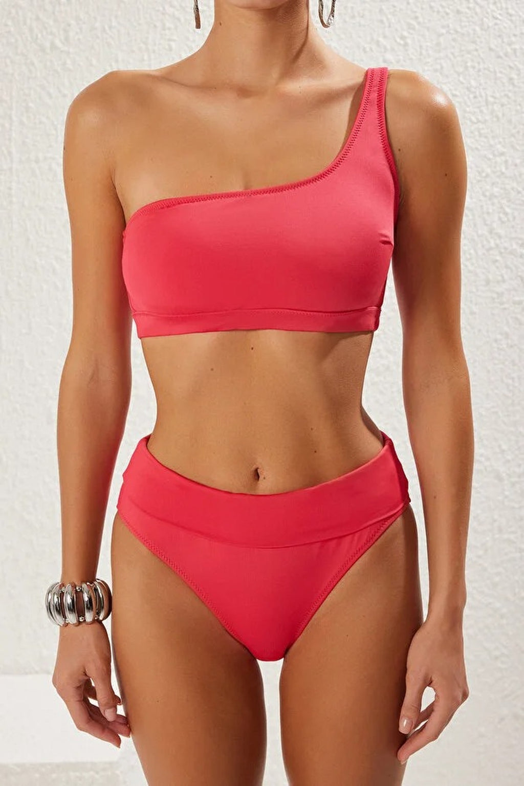 One-Shoulder Covered Hipster High-Waisted Bikini Set